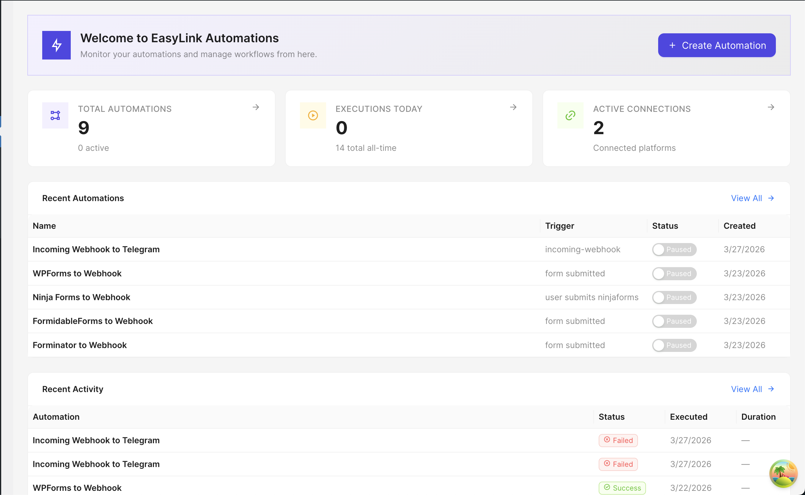 EasyLink Automations dashboard showing automation metrics, recent automations, and recent activity.
