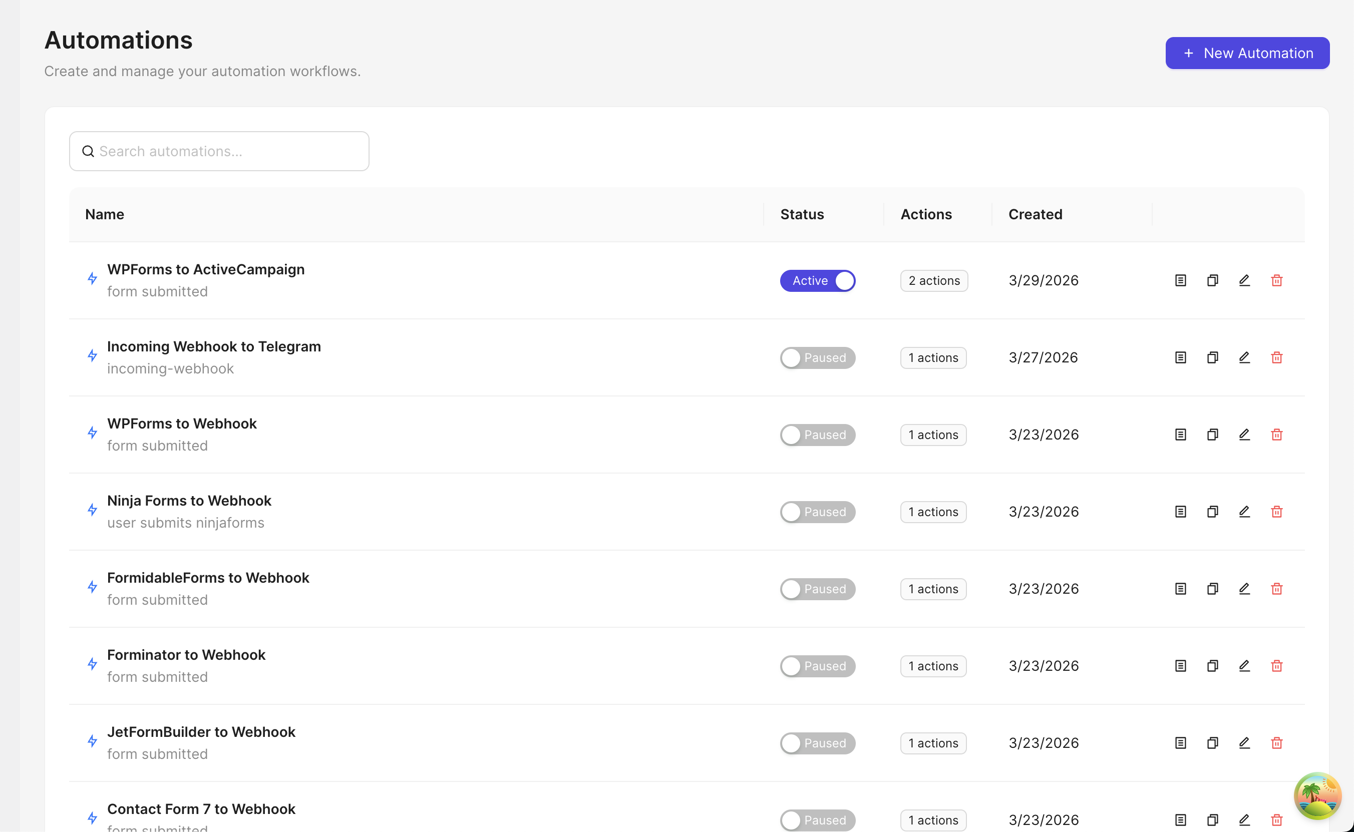 Automations list screen with search, status toggles, action counts, dates, and row actions.