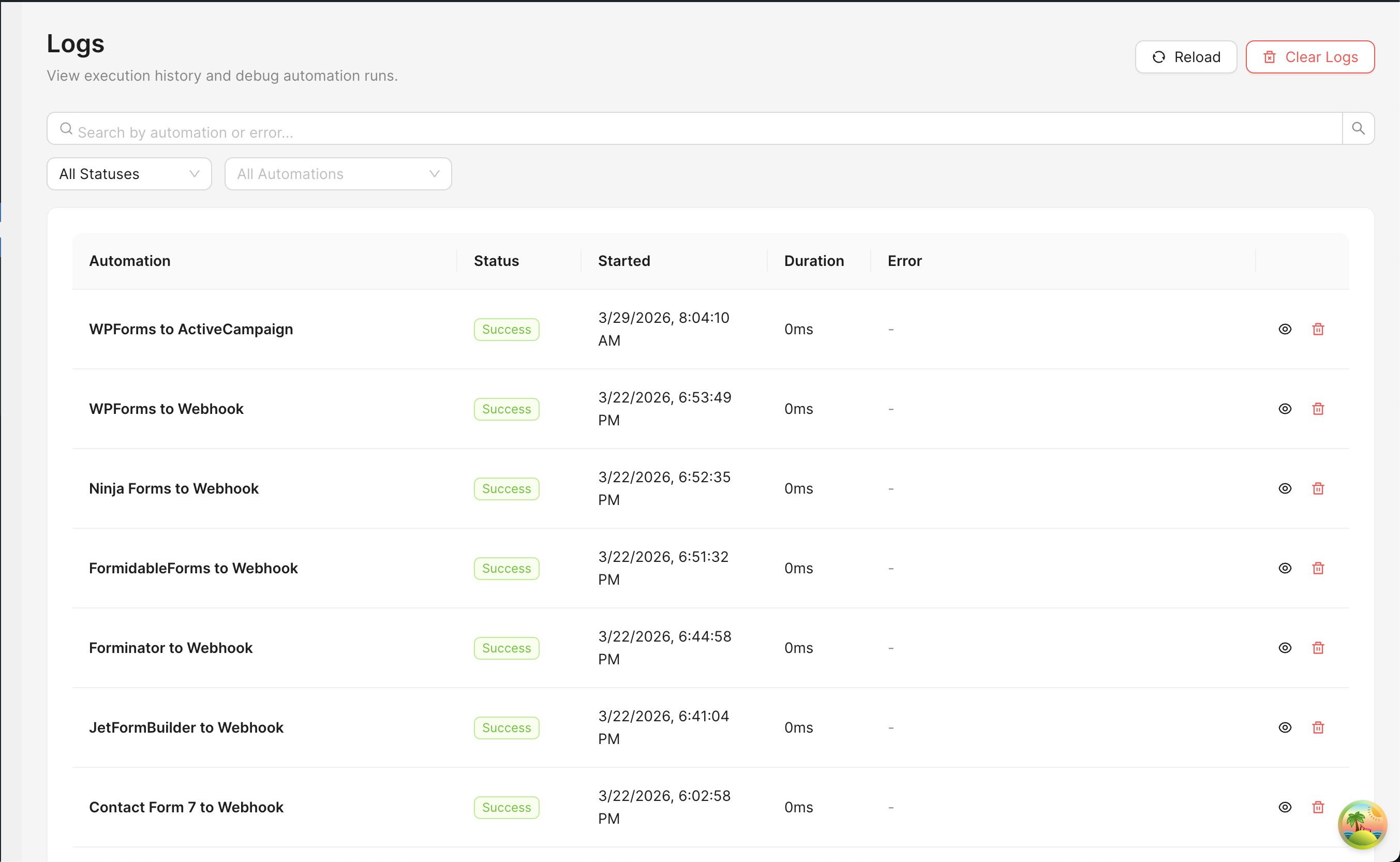 Logs screen showing automation execution history with success statuses and timestamps.