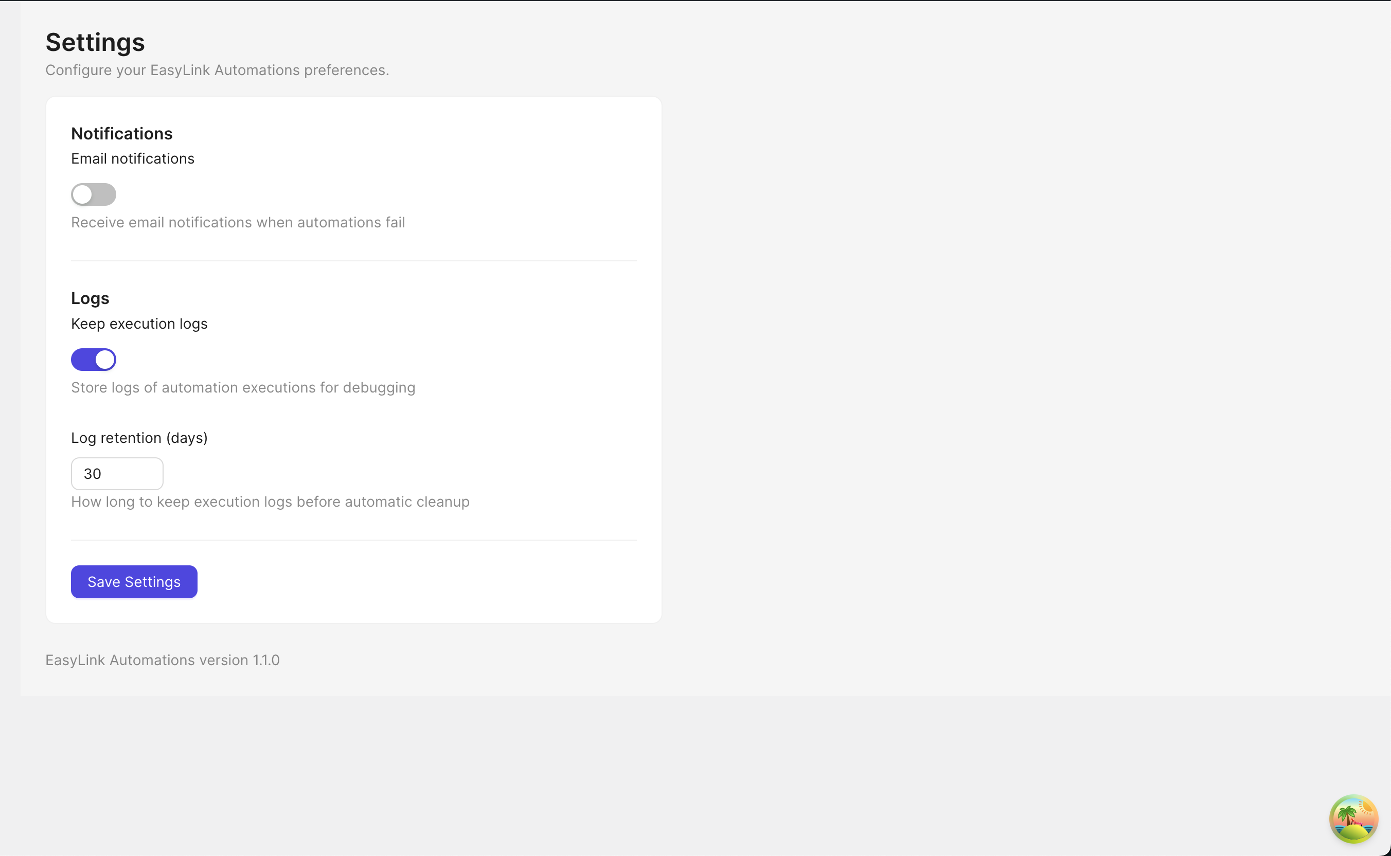 Settings screen showing email notifications, log retention, and save settings controls.