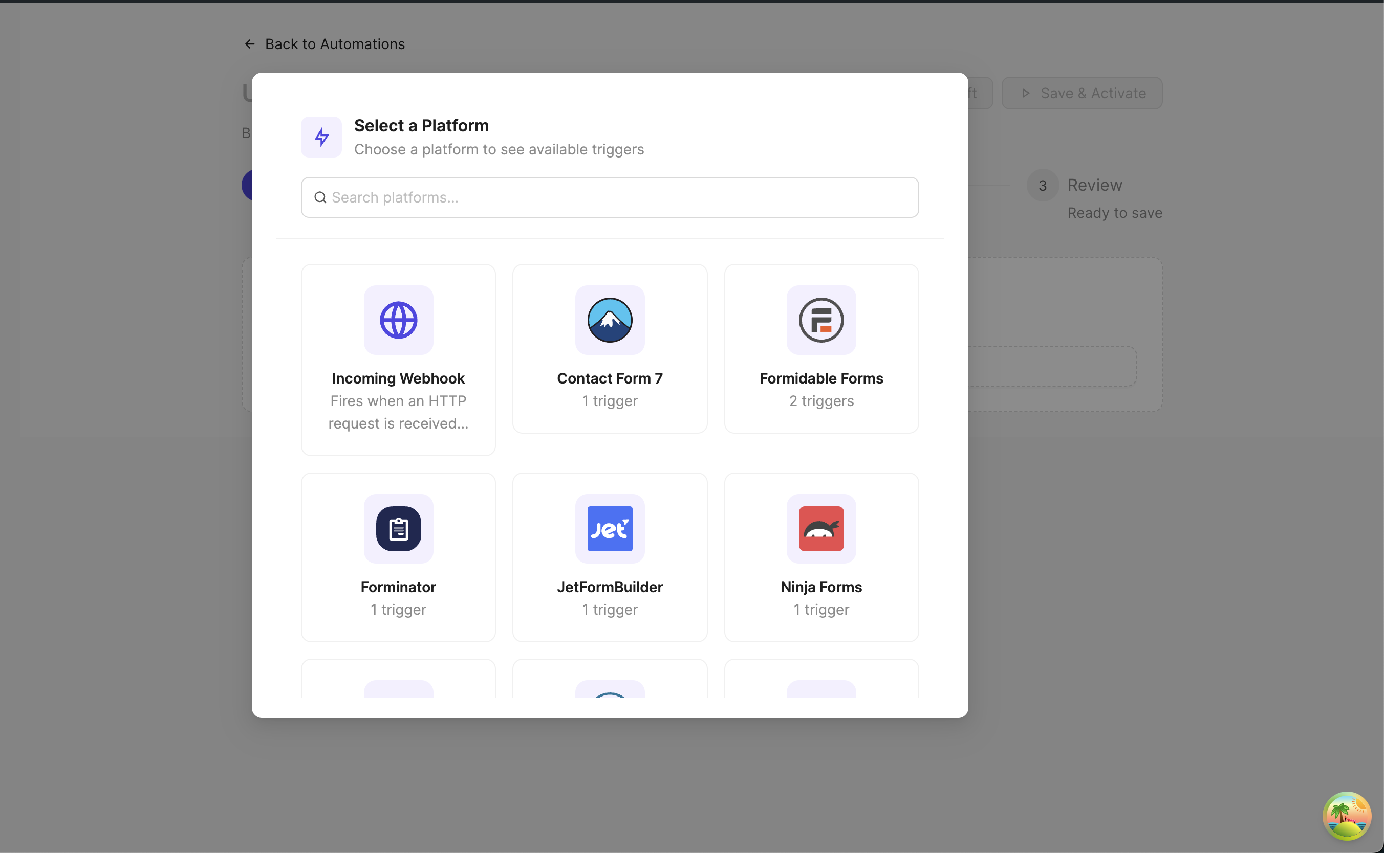 Platform selection modal with search and trigger platform cards including Contact Form 7 and Formidable Forms.