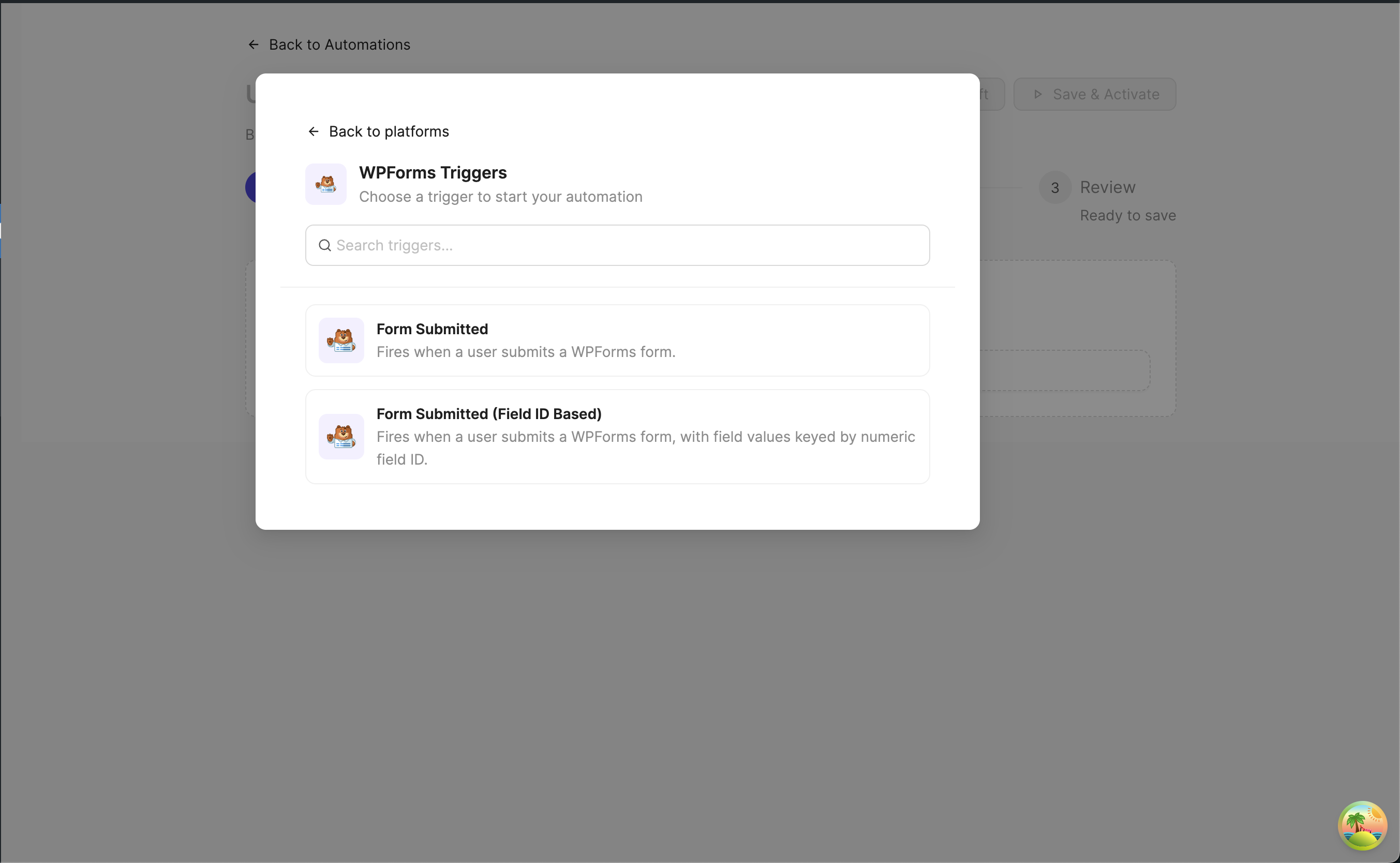 WPForms trigger selection modal listing form submitted trigger options.