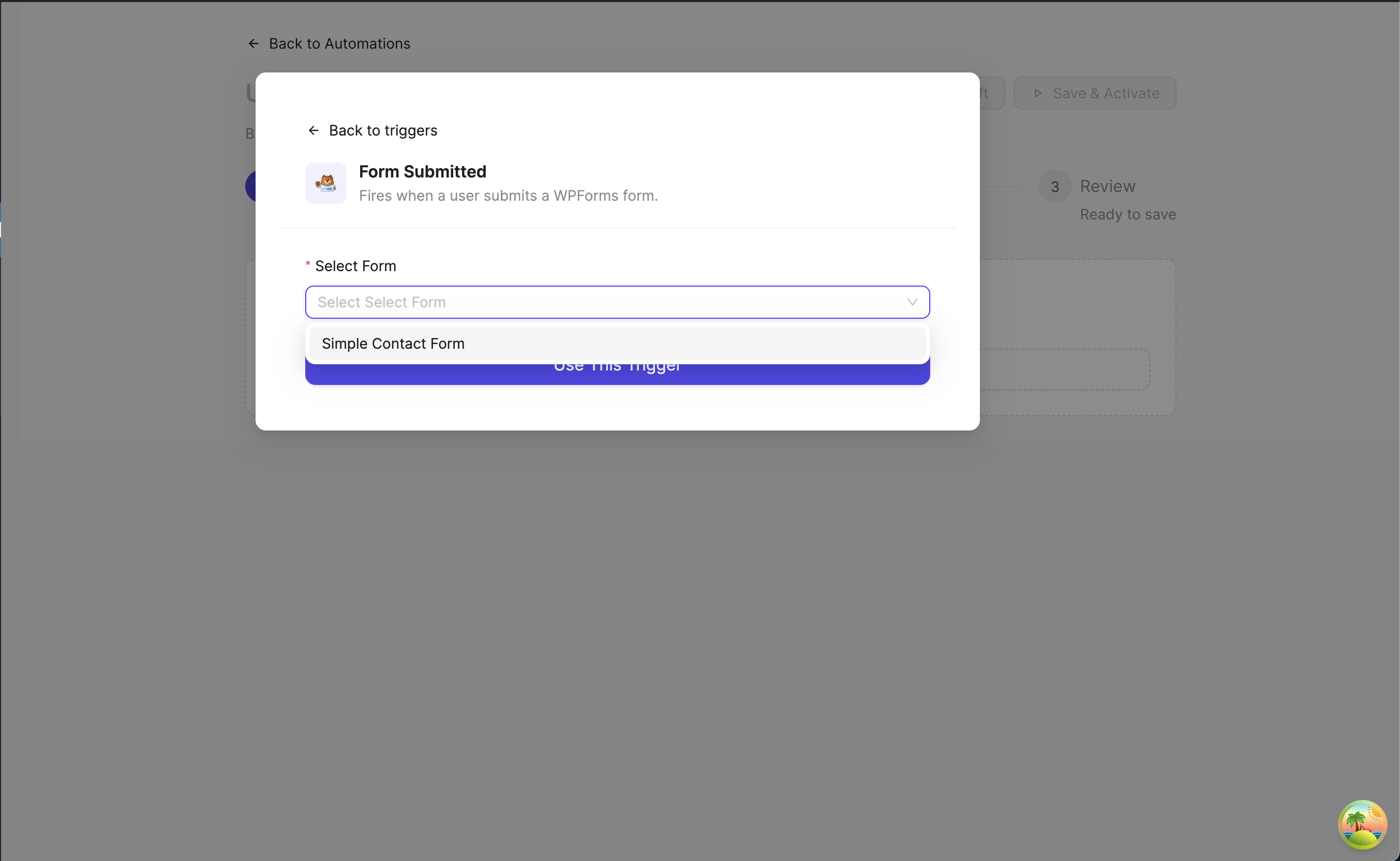 Form submitted trigger configuration modal with a select form dropdown.