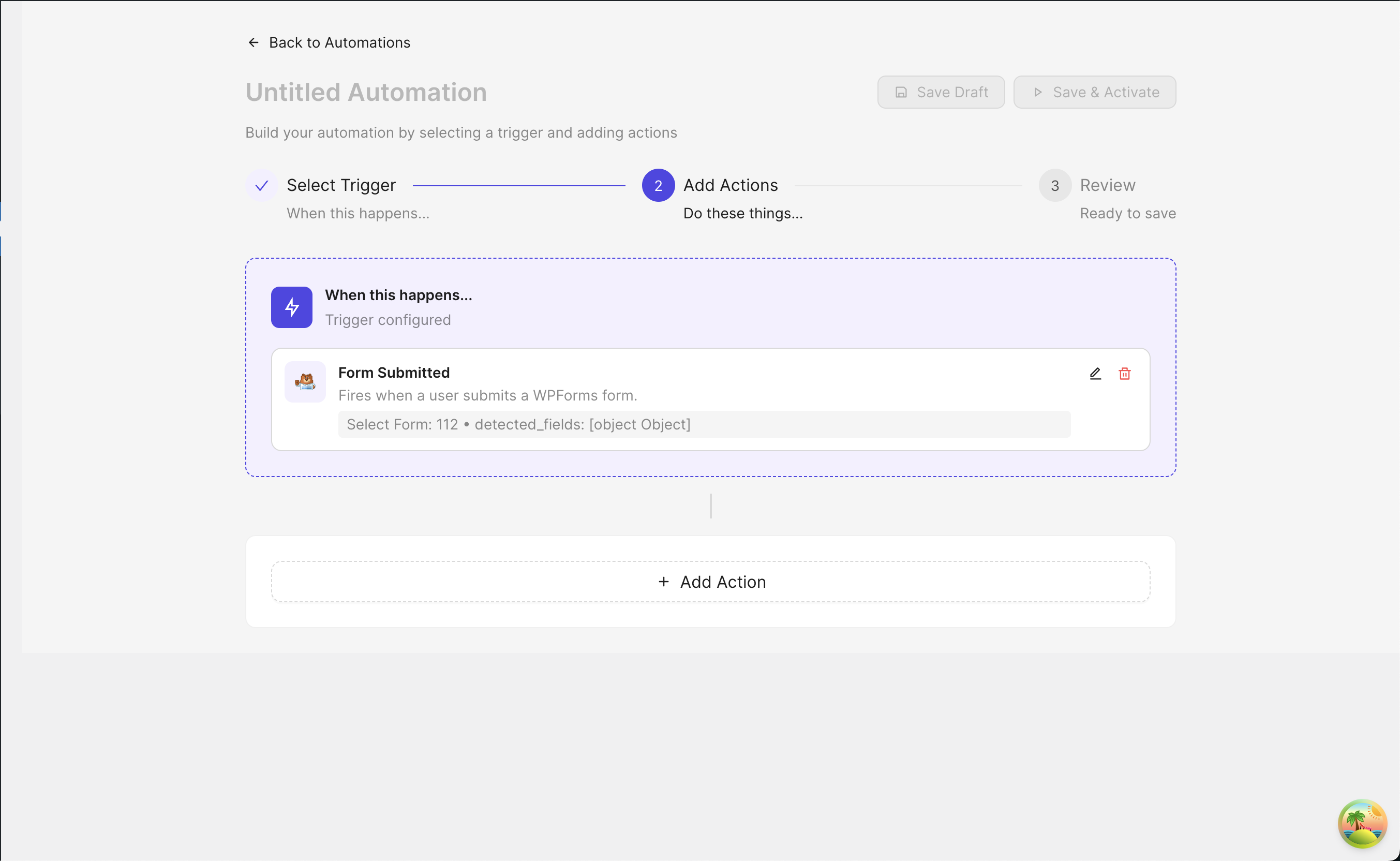 Automation builder showing a configured WPForms trigger and an add action block.
