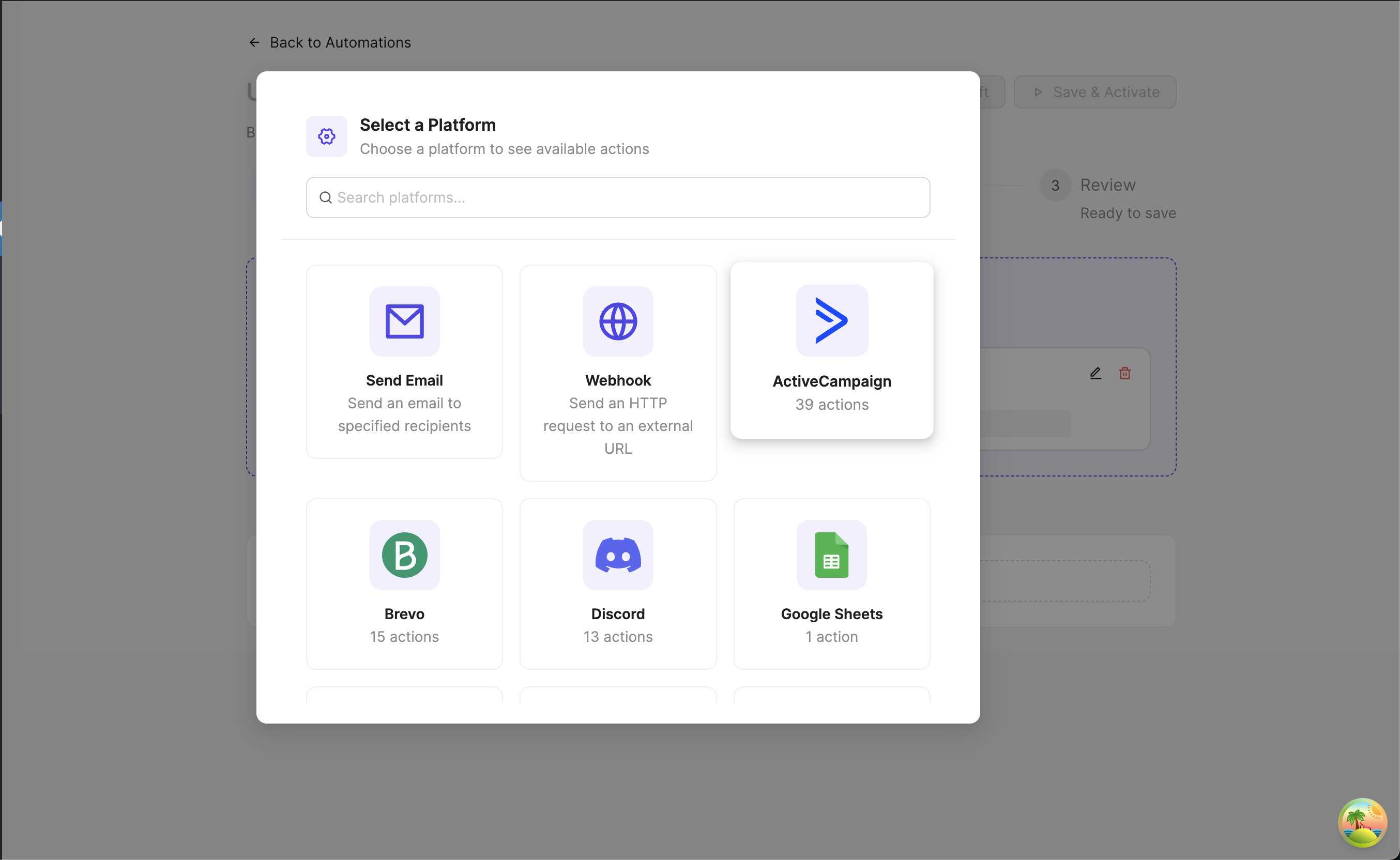 Action platform selection modal showing Send Email, Webhook, ActiveCampaign, Brevo, Discord, and Google Sheets.