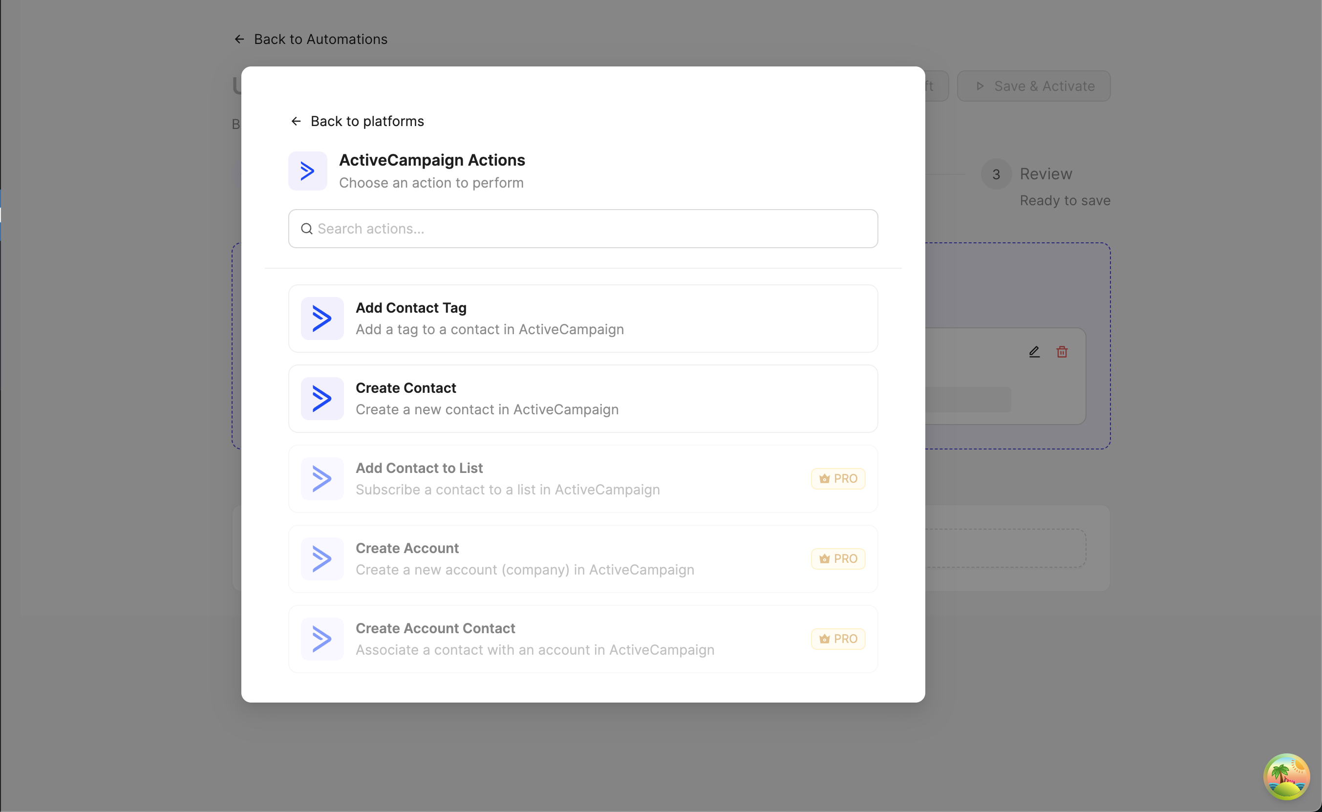 ActiveCampaign actions modal listing contact actions and Pro-only options.