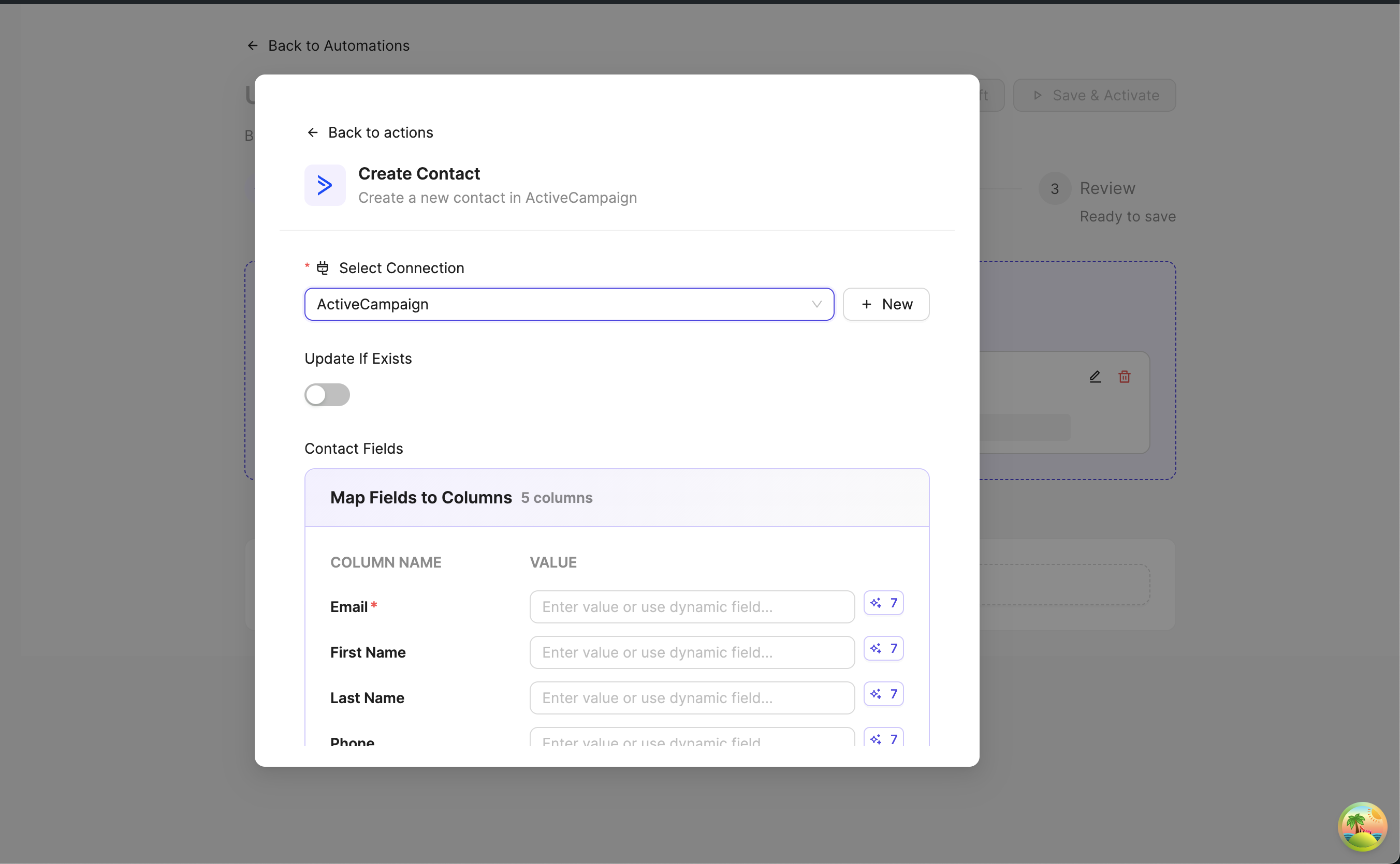 Create contact action configuration screen with connection selector and contact field mapping table.