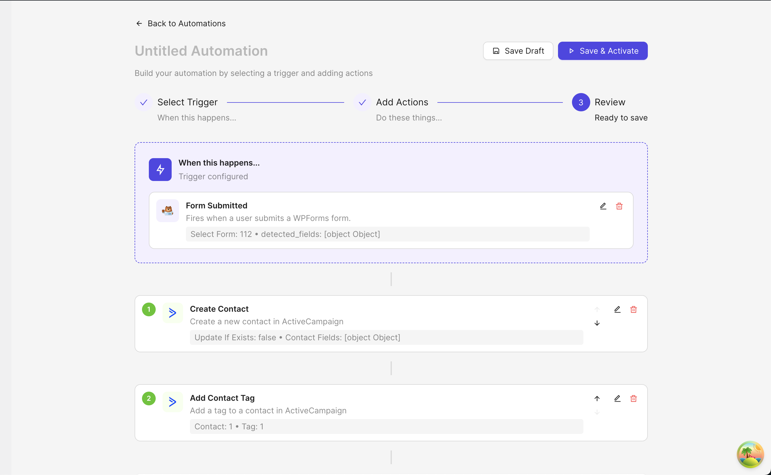 EasyLink workflow builder review screen with a configured trigger and multiple actions.